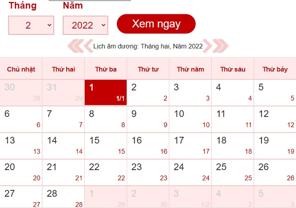 Tháng 2 có bao nhiêu ngày? Lịch âm dương tháng 2/2022-3