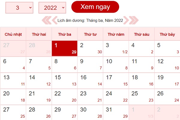 Tháng 3 có bao nhiêu ngày? Lịch âm dương tháng 3/2022-3