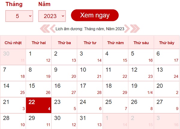 Tháng 5 có bao nhiêu ngày? Lịch âm dương tháng 5/2022-4